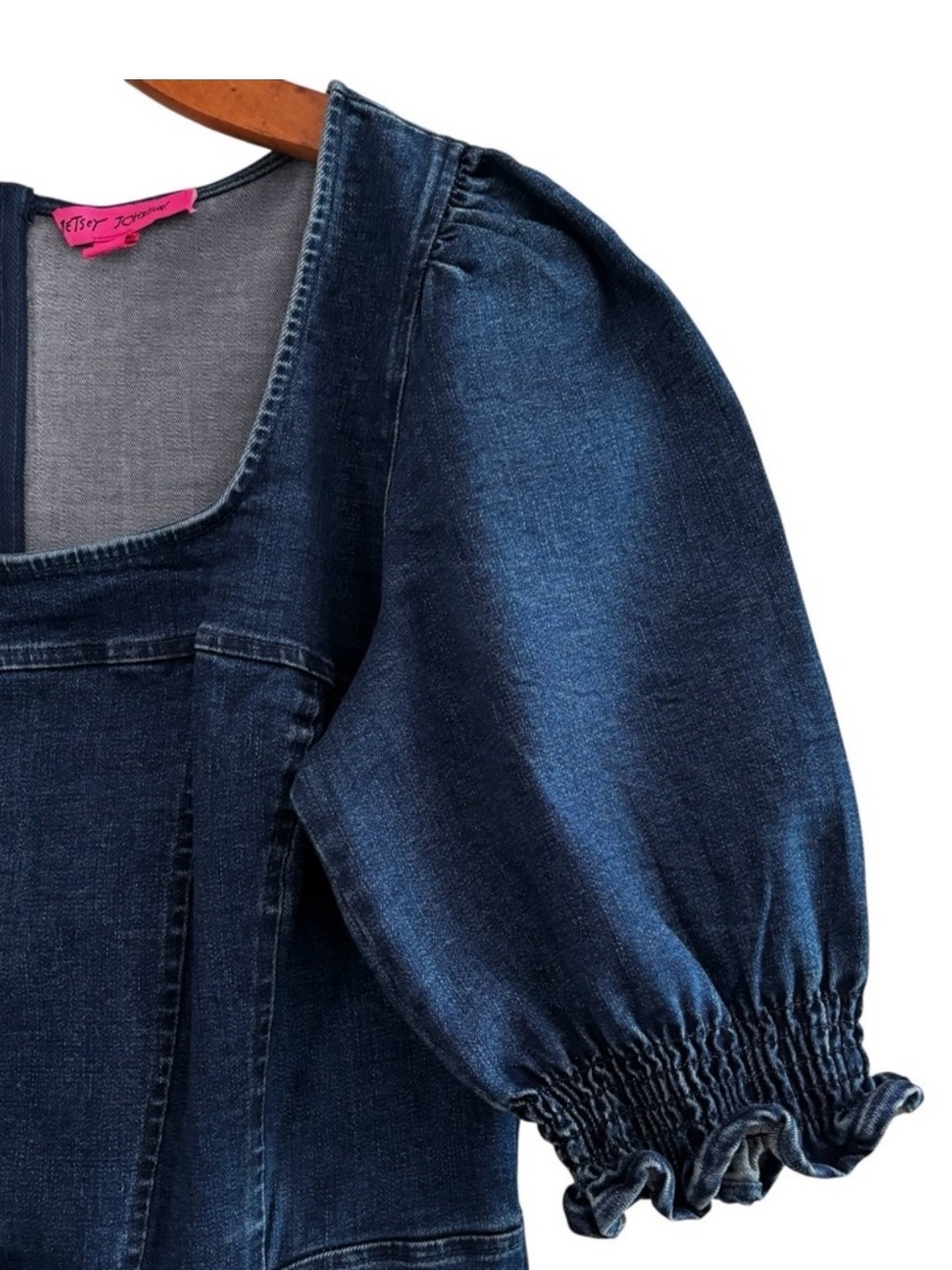Betsy Johnson Square Neck Puff Sleeve Denim Dress 10 Corset Bodice Dark Wash - Picture 3 of 7